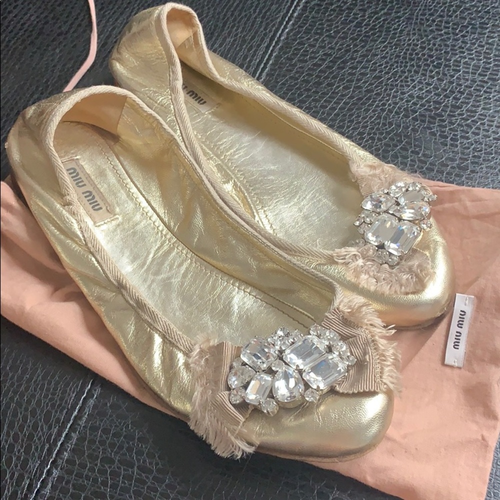 Miu miu Metallic gold embellished flats